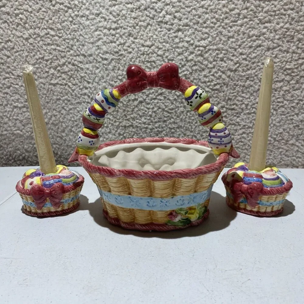 Set of 3 Ceramic Easter Egg Basket & 2 Candleholders Centerpiece